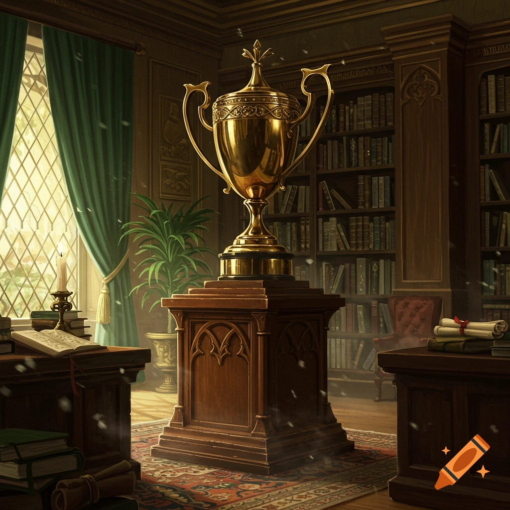 A large golden trophy on a dark wooden pedestal in a grand, sunlit library with numerous bookshelves and green curtains.