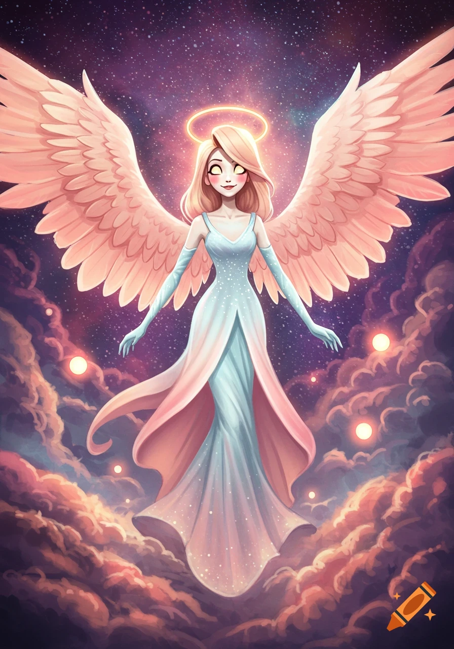 A cartoon angel with blonde hair, a halo, large pink wings, and a flowing blue dress floats among clouds in a starry purple sky.