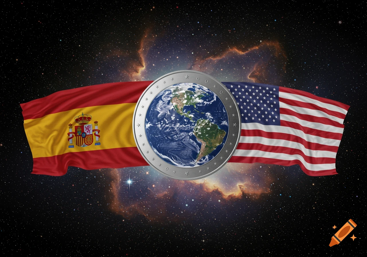 Spanish and US flags wave in space behind a silver coin depicting Earth.