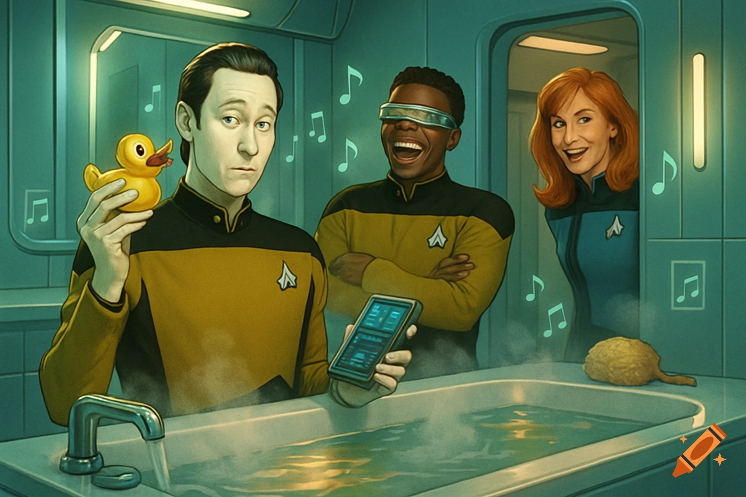 Data holds a rubber duck, Geordi laughs, and Beverly peeks into a futuristic Starfleet bathroom with musical notes.