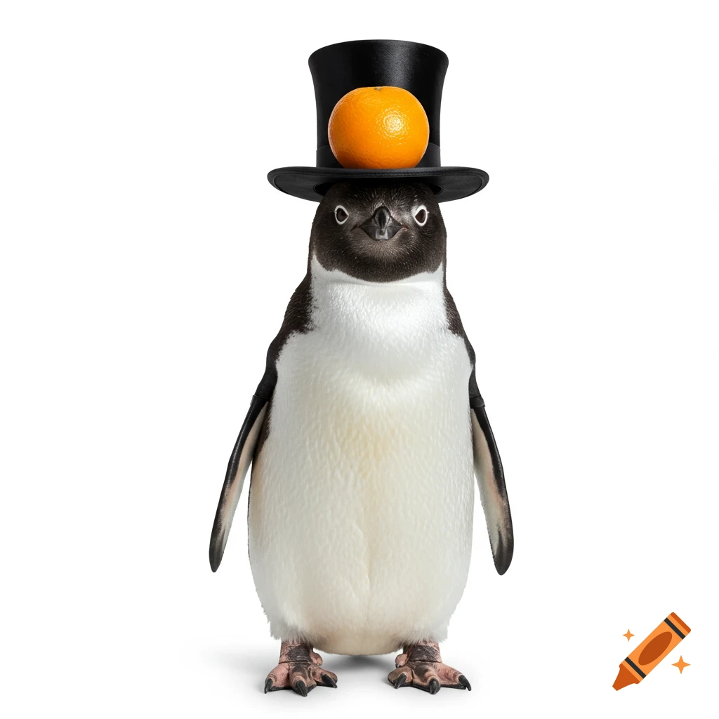 A photorealistic penguin wearing a black top hat with an orange resting on top, all against a white background.