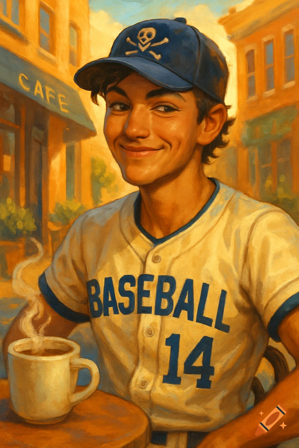 A smiling young man in a baseball jersey and pirate cap drinks coffee at a sunny cafe, depicted in a warm, painterly style.