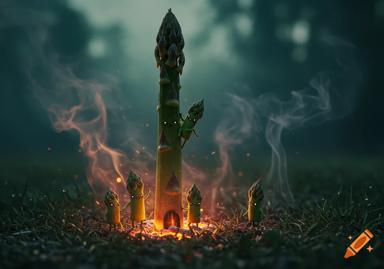 A large anthropomorphic asparagus tower with glowing eyes and a glowing door at its base, surrounded by smaller asparagus characters with glowing eyes, in a smoky, dark grassy setting with sparks.
