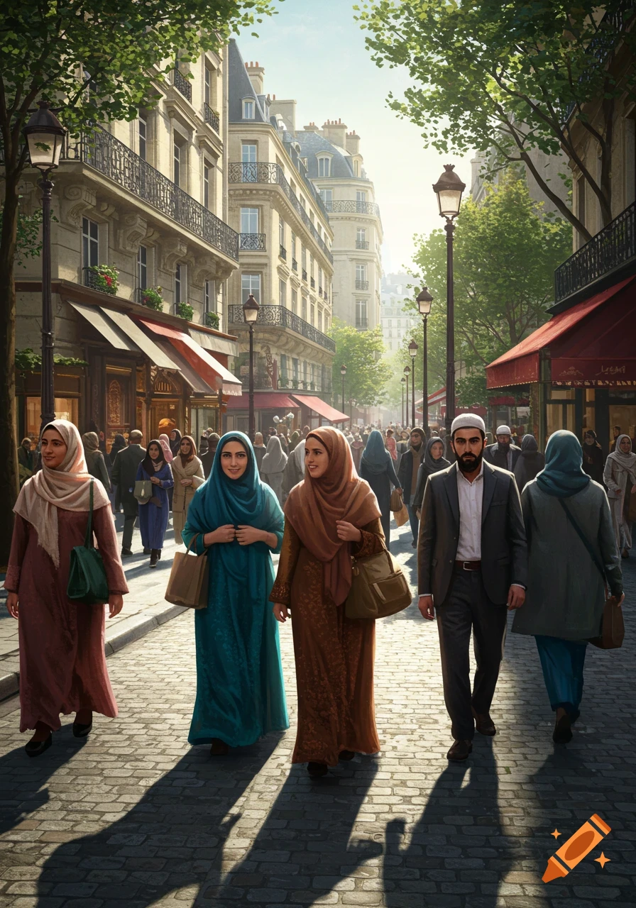 A bustling Parisian street scene featuring people, with women in hijabs and men with beards, walking past ornate buildings.