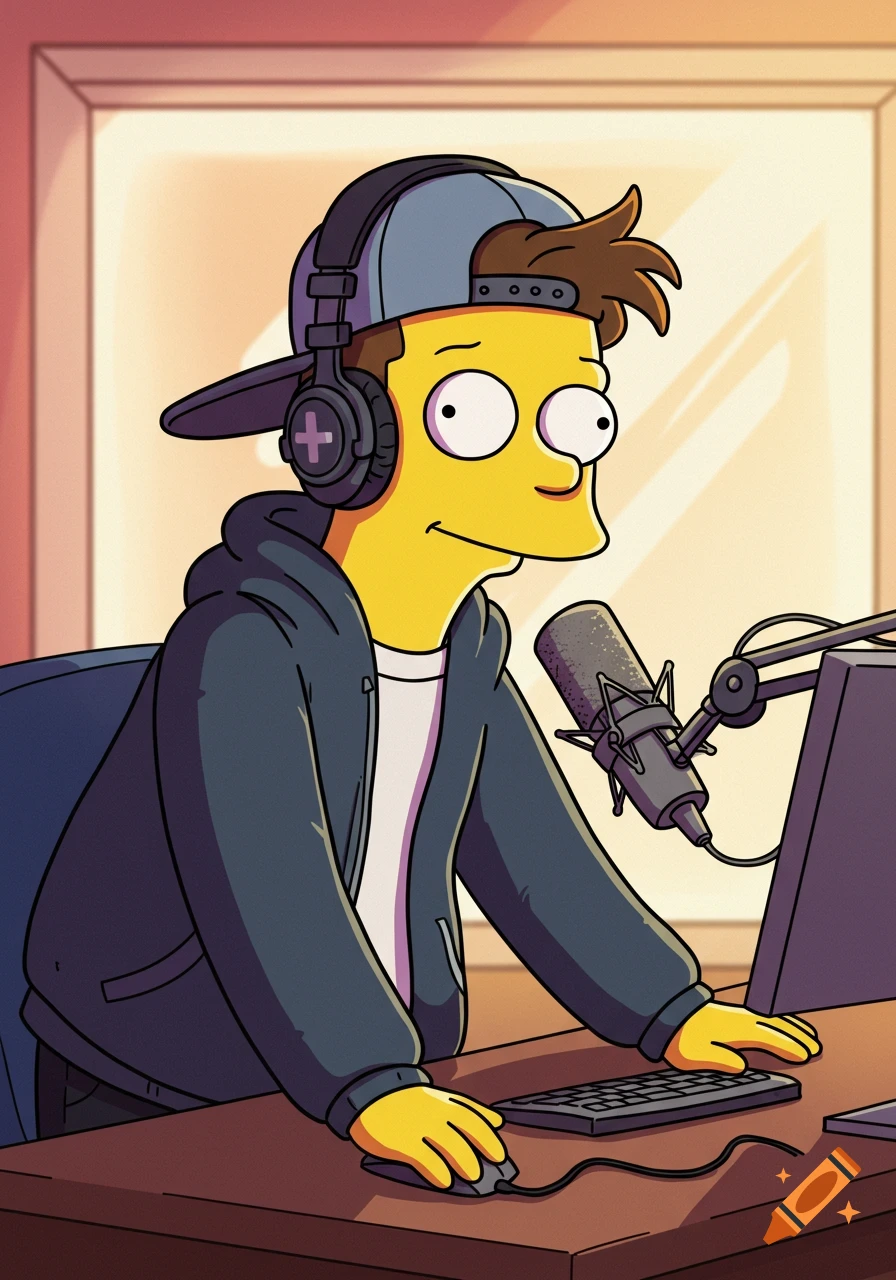 A cartoon character in a yellow skin tone, wearing a backward cap and headphones, sits at a desk with a microphone and keyboard, in a modern flat-color style.