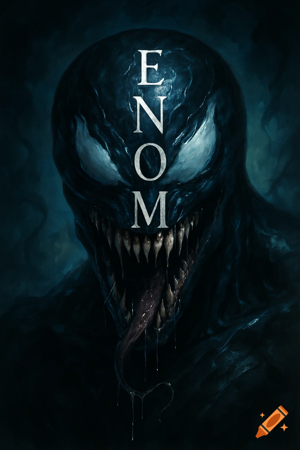 A dark, stylized painting of Venom's head with the word "VENOM" written vertically across his face, teeth bared and tongue out.