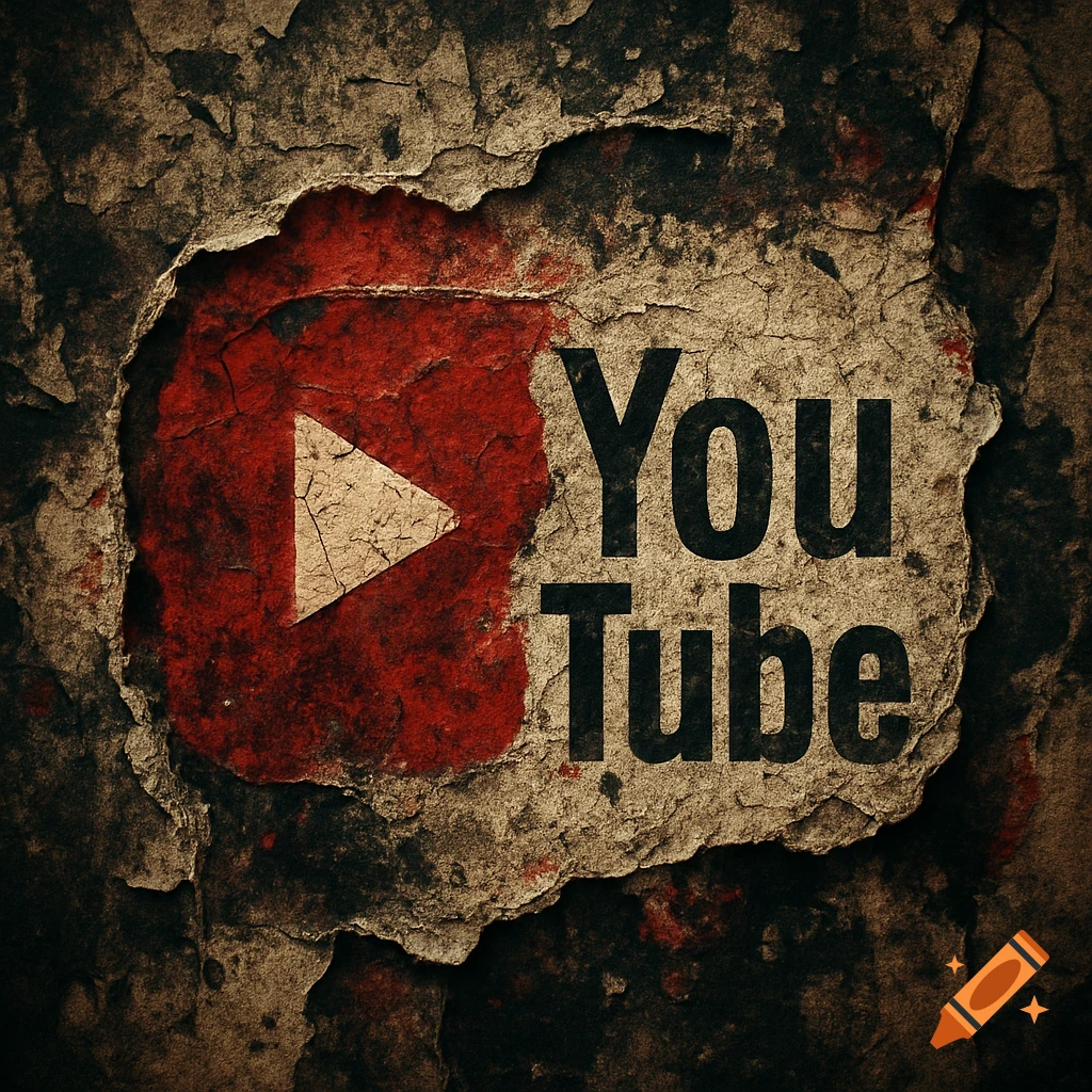 Grunge-style YouTube logo ripped out of a textured, decaying surface.