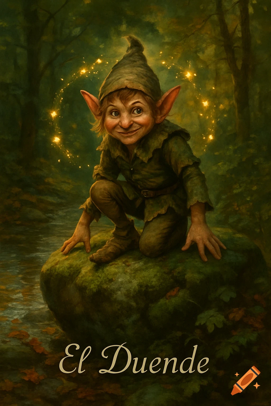 A whimsical illustration of a smiling gnome with large ears, wearing a green outfit and pointy hat, crouching on a mossy rock in a forest with glowing fireflies.