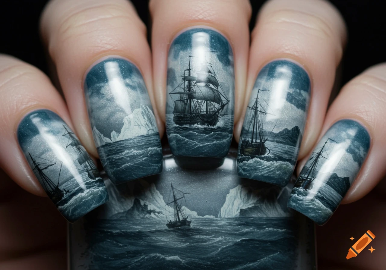 Fingernails painted with detailed dark maritime scenes: sailing ships on stormy seas with icebergs.
