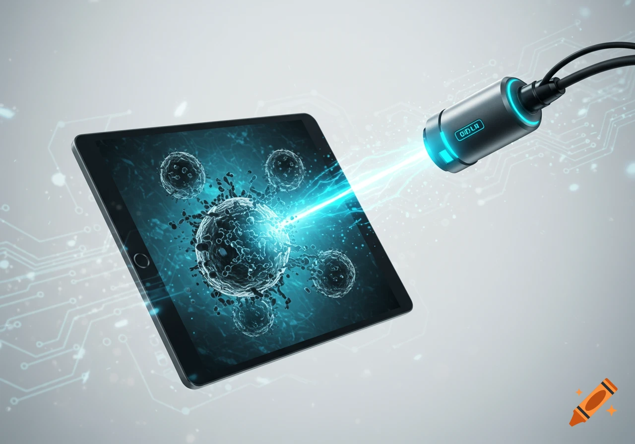 A tablet displaying microscopic cells being targeted by a blue laser beam from a sci-fi device.