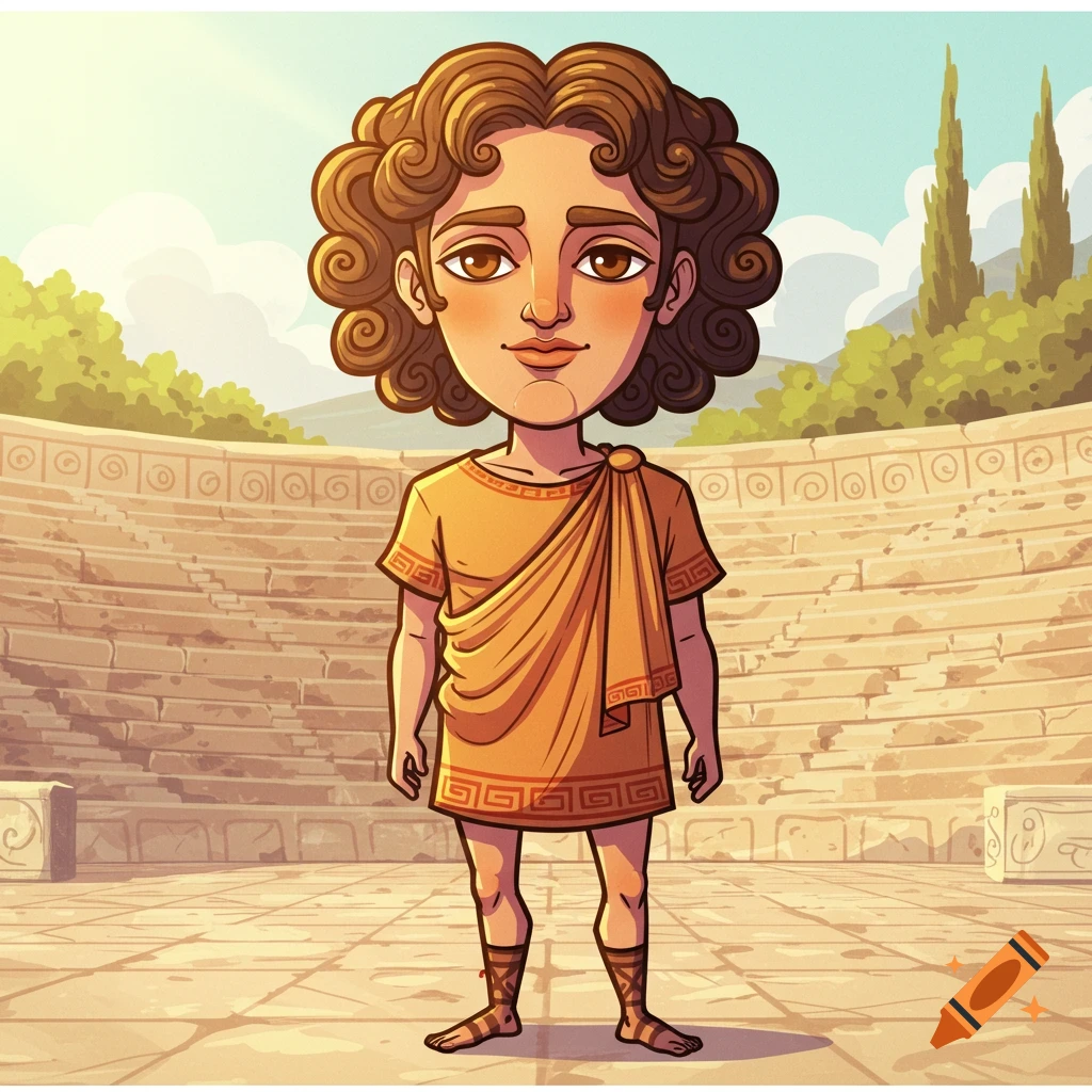 Cartoon illustration of a young ancient Greek person in a tunic and sandals, standing in an amphitheater.