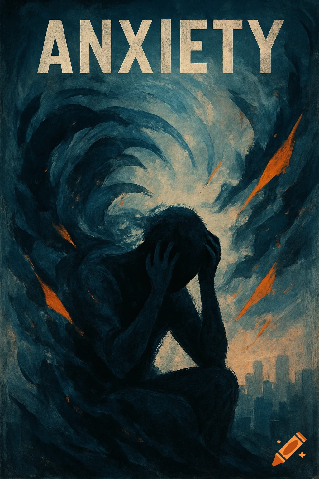 Dark, painterly poster with 'ANXIETY' text. A hunched person holds their head amidst swirling dark clouds and a city skyline.