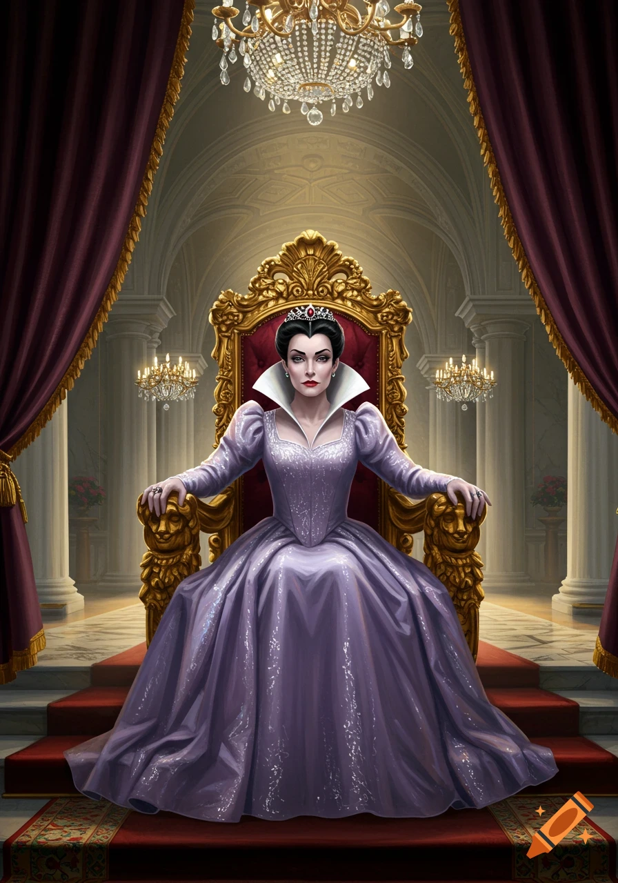 A stern woman with dark hair and a crown, wearing a long purple gown, sits on a golden throne in a grand hall with red drapes.