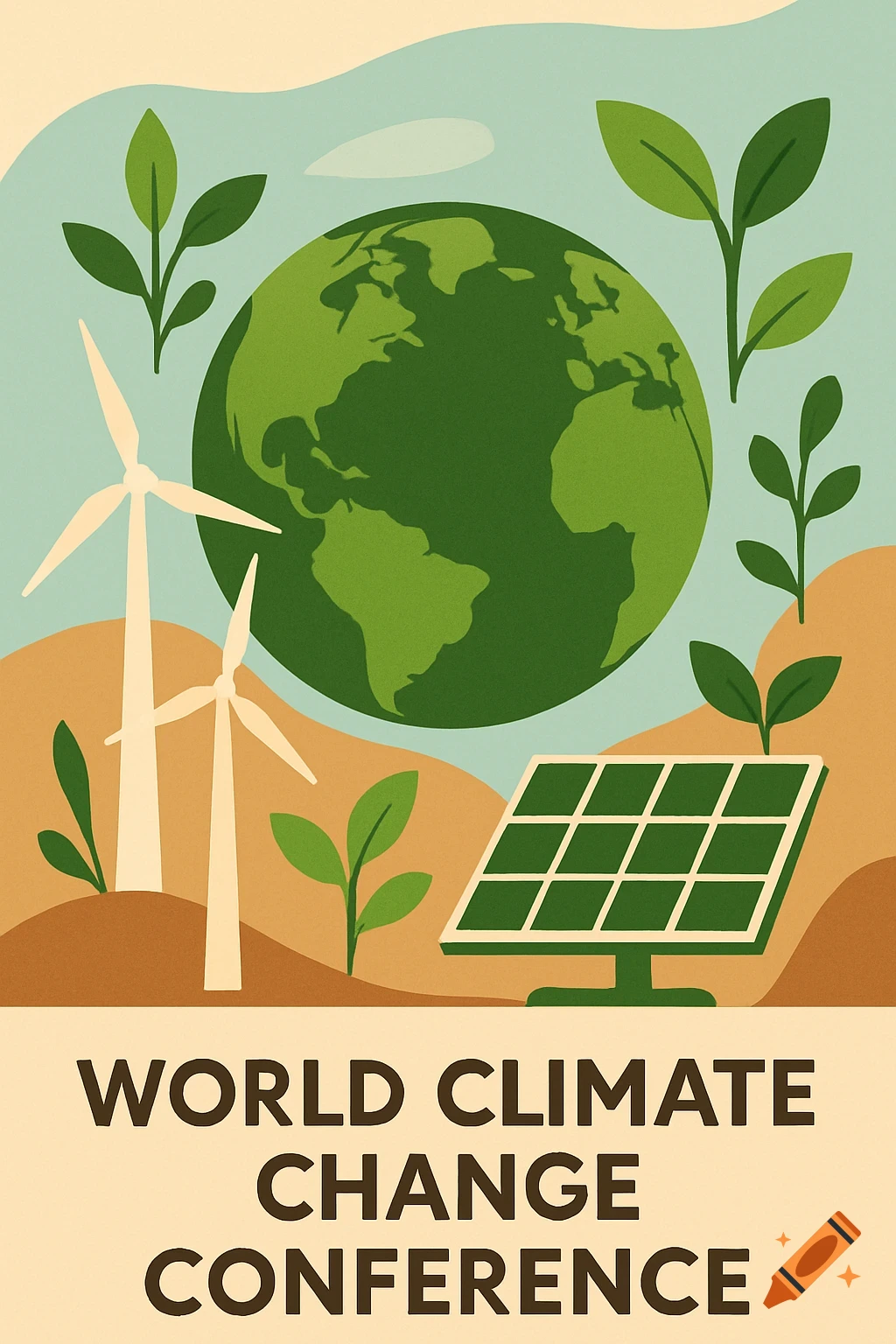 Stylized illustration poster for the World Climate Change Conference, featuring Earth, wind turbines, a solar panel, and leaves.