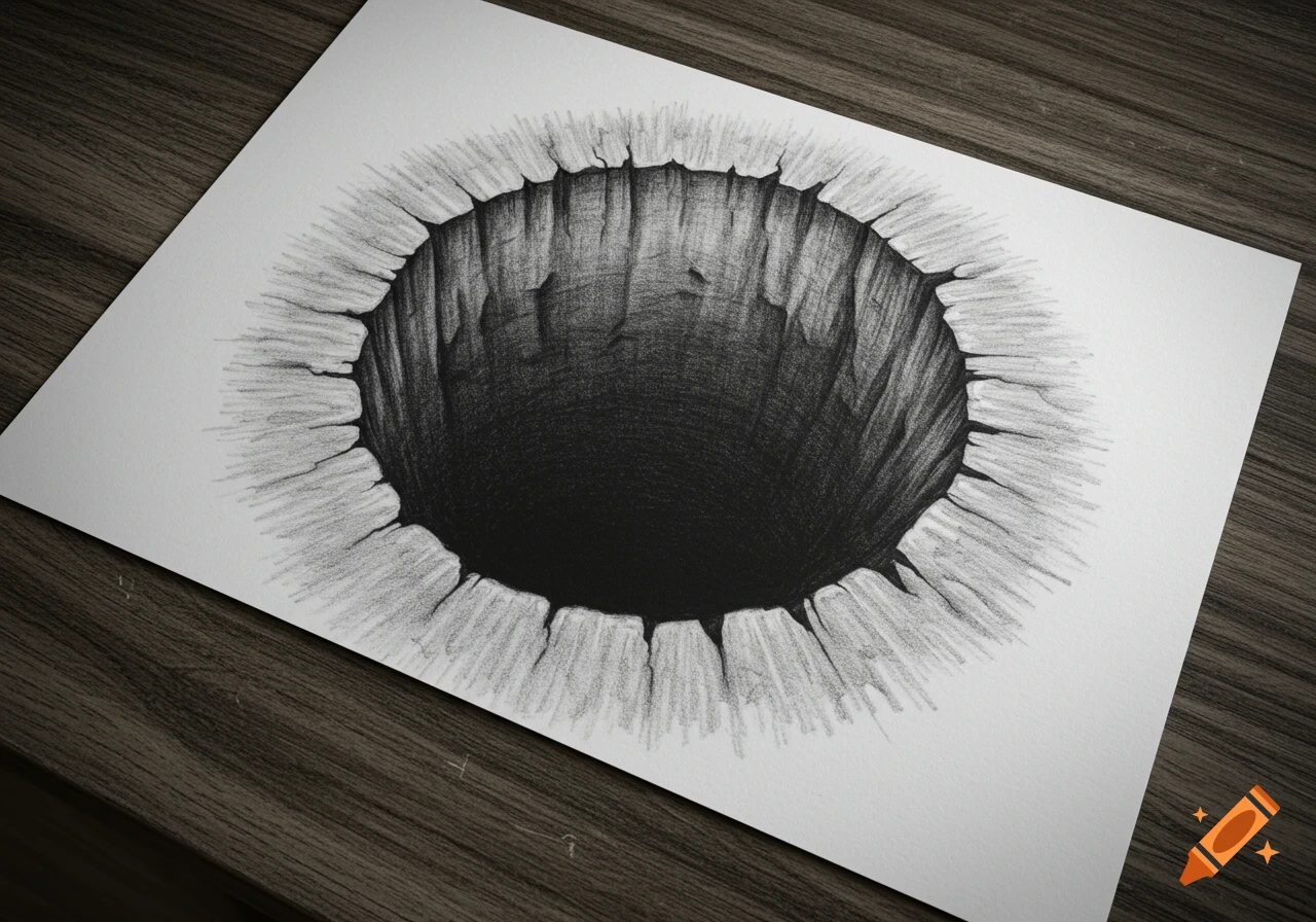 A monochromatic pencil drawing on white paper, depicting a realistic 3D deep black hole, resting on a dark wooden table.