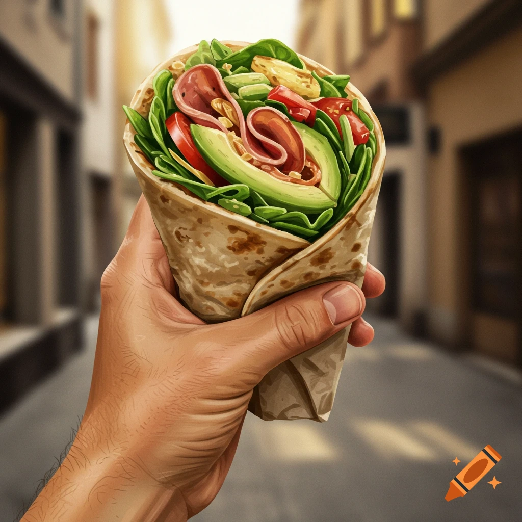 A hand holds a large wrap sandwich filled with lettuce, avocado, tomatoes, and deli meat, with a blurred street background.
