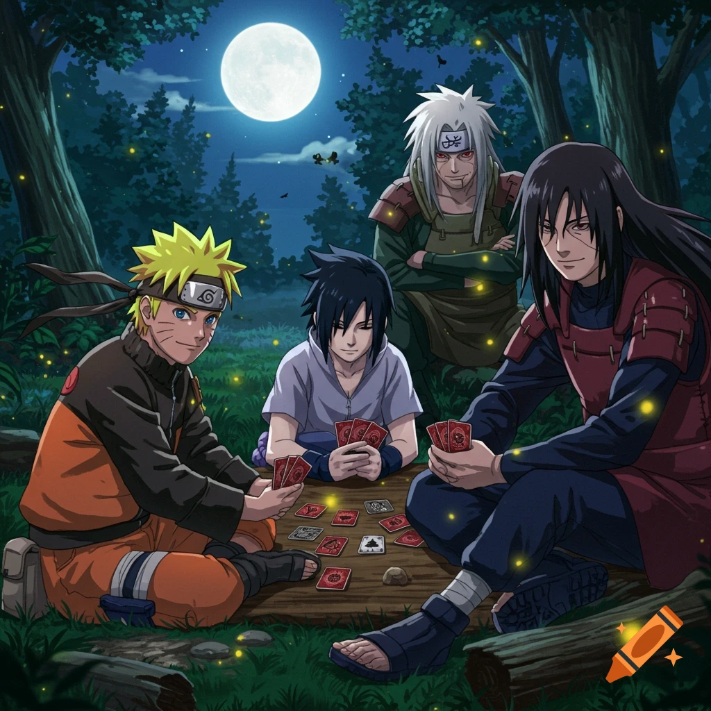 Naruto, Sasuke, Madara, and Jiraiya playing cards by moonlight in a forest with fireflies, in an anime style.