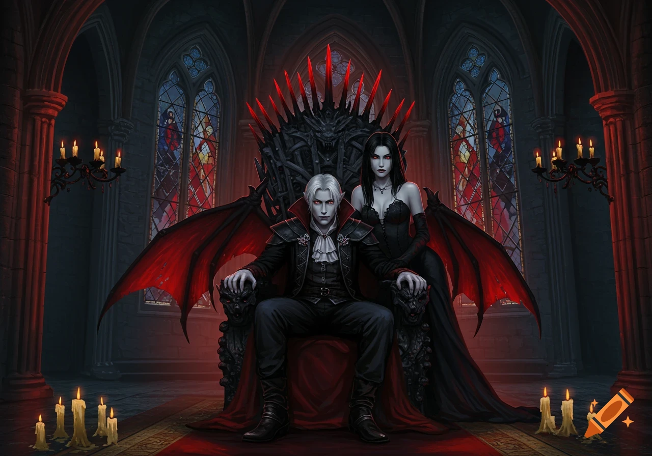 A pale vampire lord with red eyes sits on a spiked throne, a dark-haired vampire lady with red wings stands beside him in a gothic chamber.