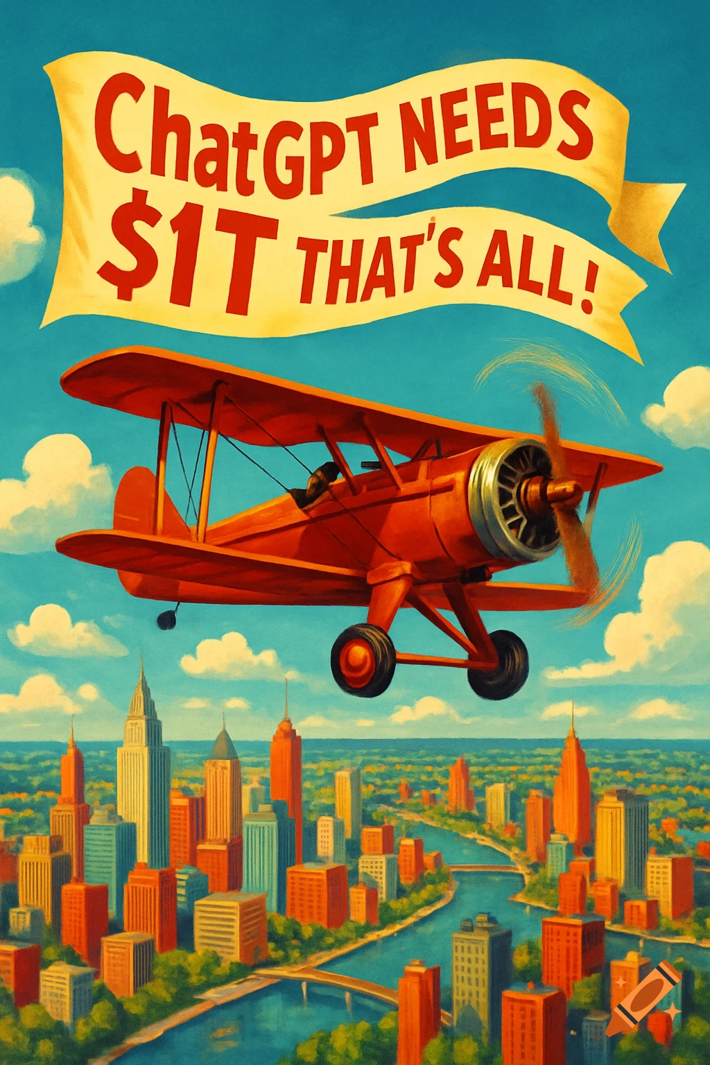 A red biplane flies over a vibrant city with a river, pulling a yellow banner that reads 'ChatGPT NEEDS $1T THAT'S ALL!' in a retro art style.