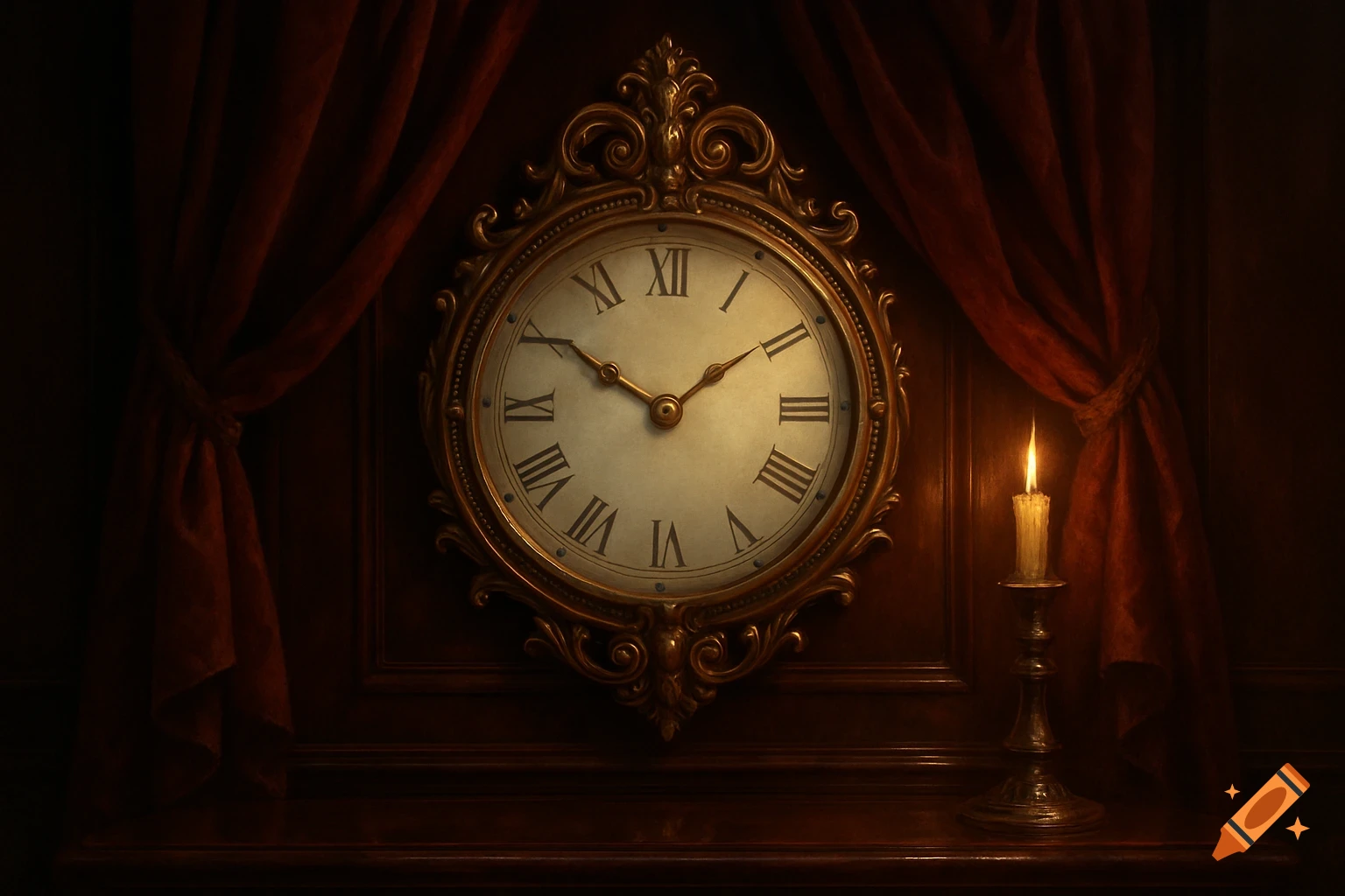 Vintage ornate gold clock on a dark wooden wall, flanked by deep red drapes and a lit candle.