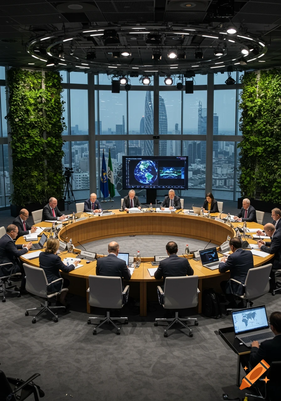 A formal conference room with people in suits seated around a large circular wooden table, discussing topics with laptops and documents. A large screen displays world maps and data in the background, with a city skyline visible through large windows.