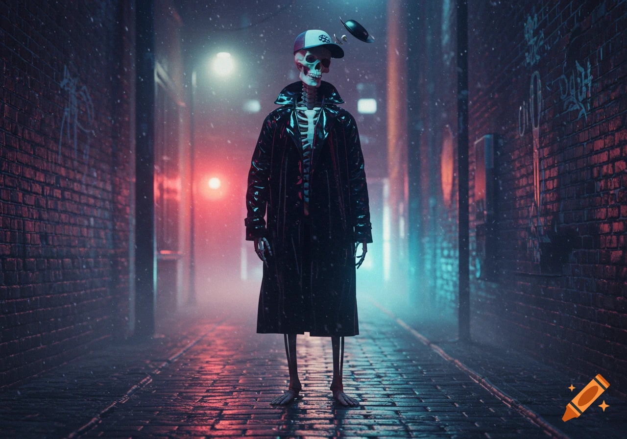 A skeleton in a black raincoat and baseball cap stands in a dark, neon-lit alley in the rain, with a small UFO above.