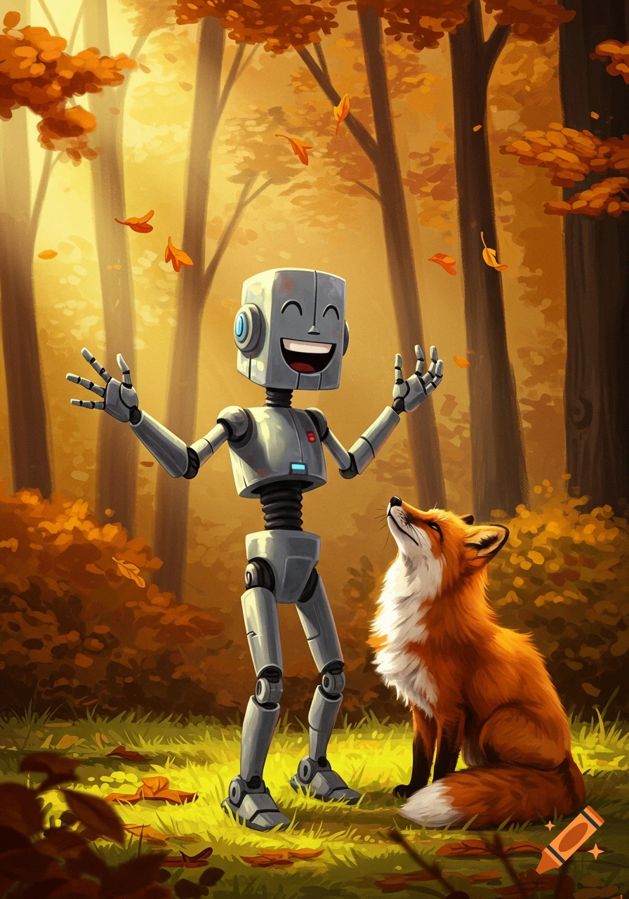 A happy robot and an orange fox interact joyfully in a vibrant autumn forest with falling leaves, stylized illustration.