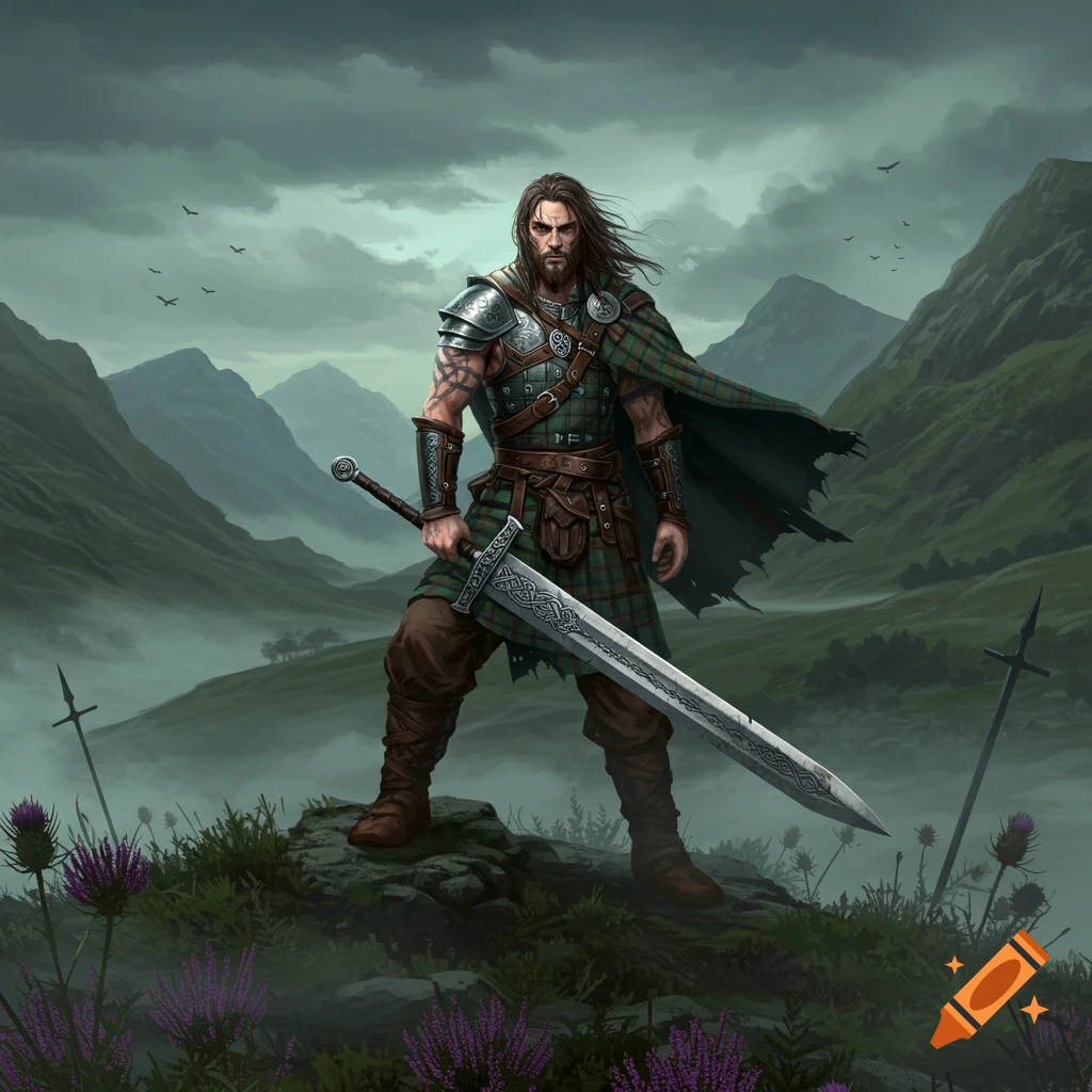 A rugged Celtic warrior in a kilt holds a large sword, standing on a rock in a foggy, mountainous Scottish landscape with thistles.