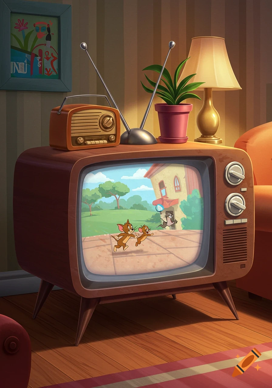 A retro wooden TV set displays Tom and Jerry running; a vintage radio, plant, and lamp sit atop it in a cozy room.