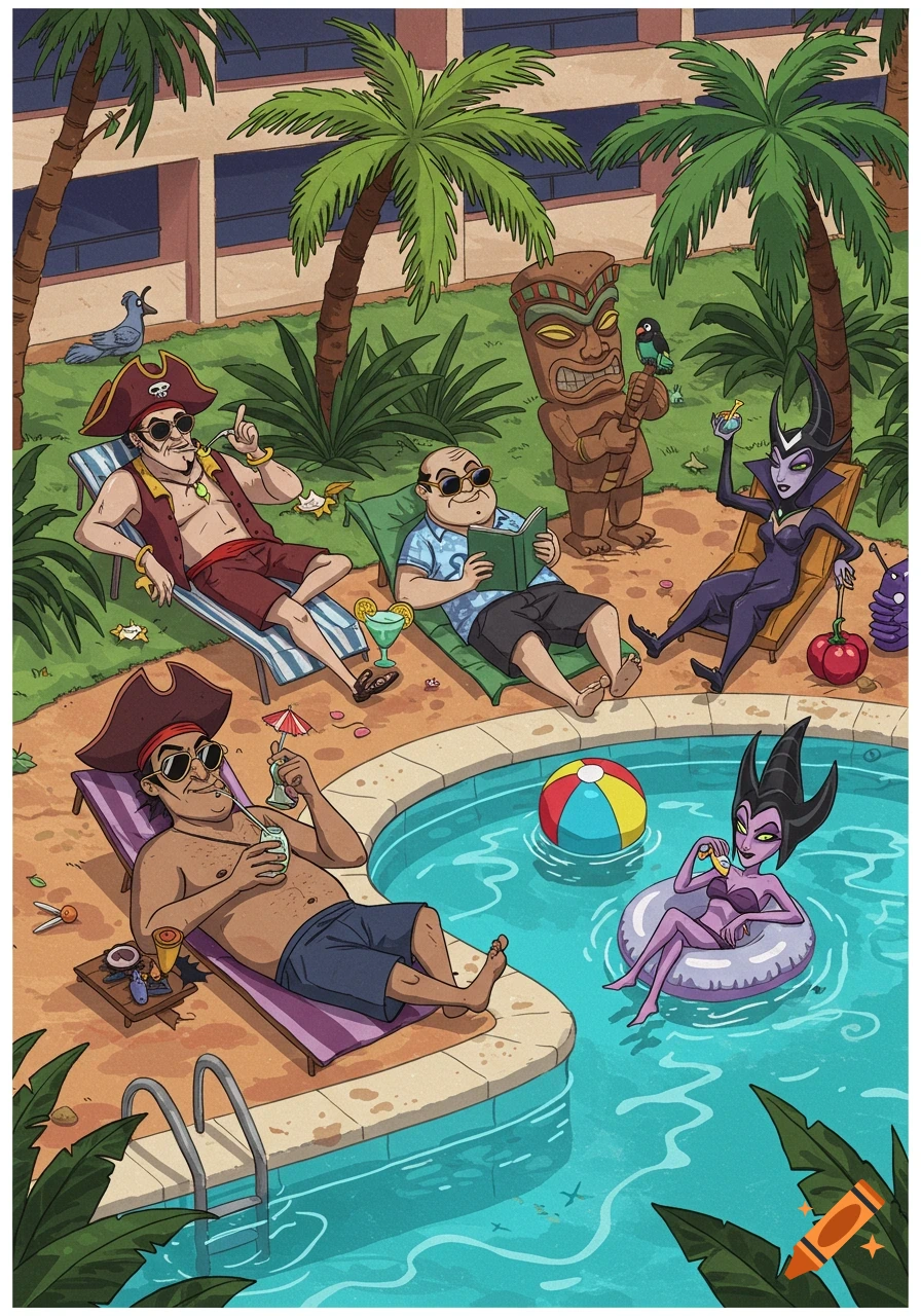Cartoon villains, including Maleficent and pirates, relaxing by a swimming pool under palm trees.