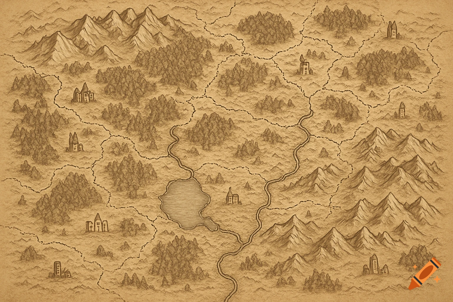 A stylized, top-down fantasy map on aged paper, showing mountains, forests, a lake, rivers, castles, and dotted borders.