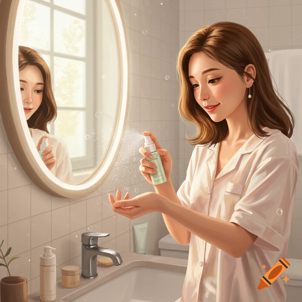 An illustrated woman in pajamas sprays a skincare product onto her hand while looking at her reflection in a brightly lit bathroom mirror.