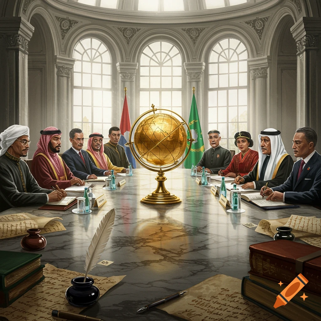 Leaders from various nations gather around a large table with a golden globe, in a grand hall with arched windows.