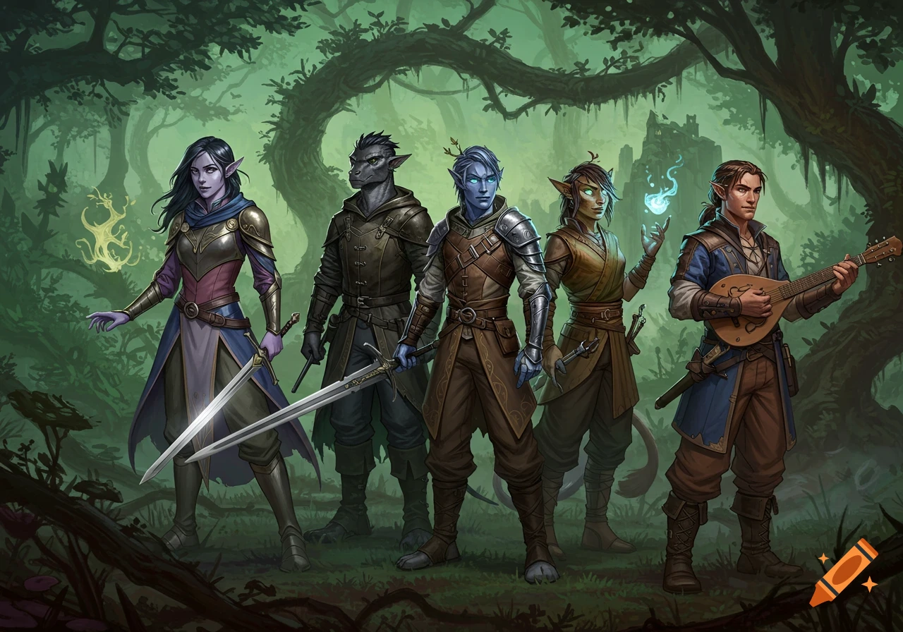 Five diverse fantasy characters, including elves, a dragonborn, and a bard, stand in a dark, magical forest.