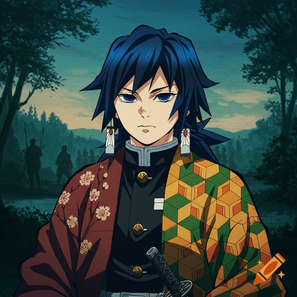 An anime character with dark blue hair, blue eyes, and a split-patterned haori stands in a forest with faint figures in the background.