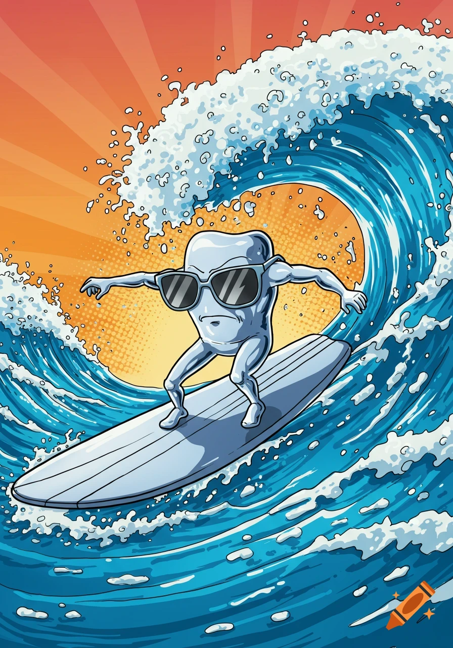 A silver cartoon tooth character wearing sunglasses surfs a large blue wave with an orange sunburst background, in a comic style.