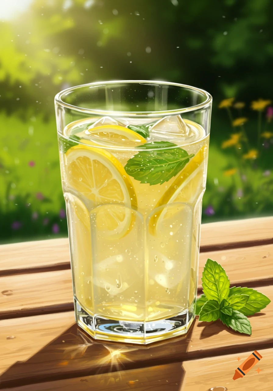 Digital illustration of a refreshing glass of lemonade with lemon slices, mint, and ice on a wooden table outdoors in a sunny garden.