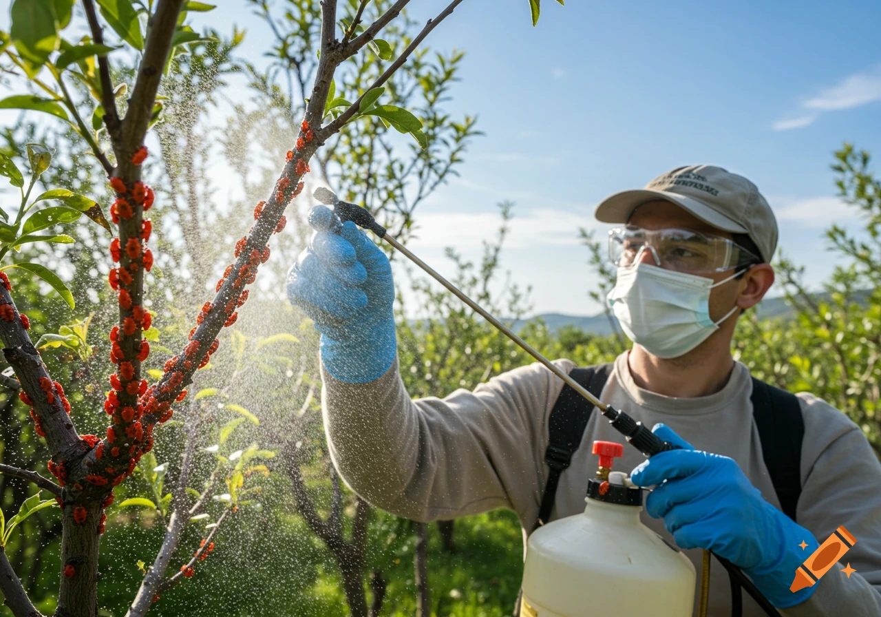 A person in protective gear sprays red insects on a tree branch with a pump sprayer, in a sunny orchard.