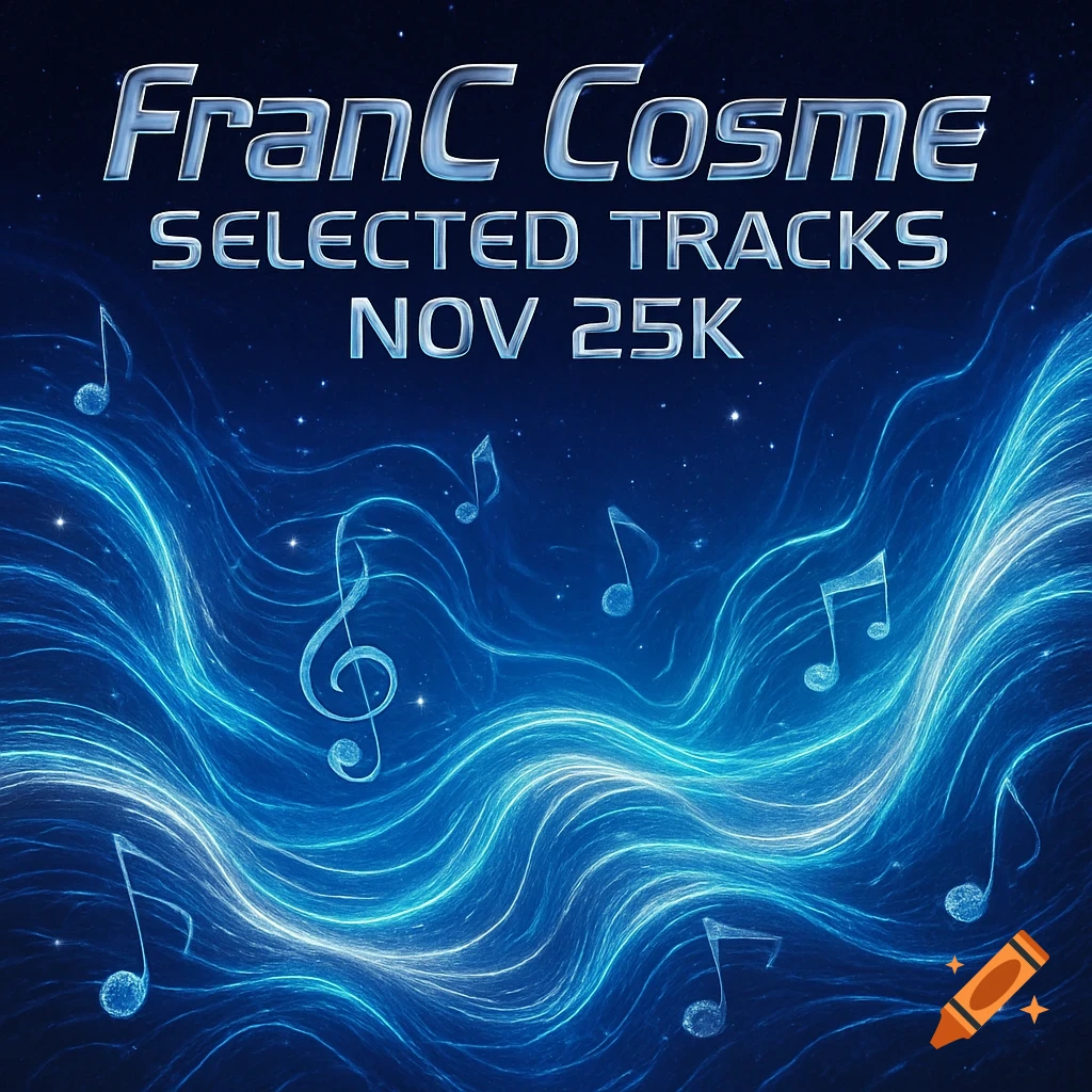 Album cover for 'FranC Cosme - Selected Tracks Nov 25K' with glowing blue energy waves, stars, and musical notes on a dark blue background.
