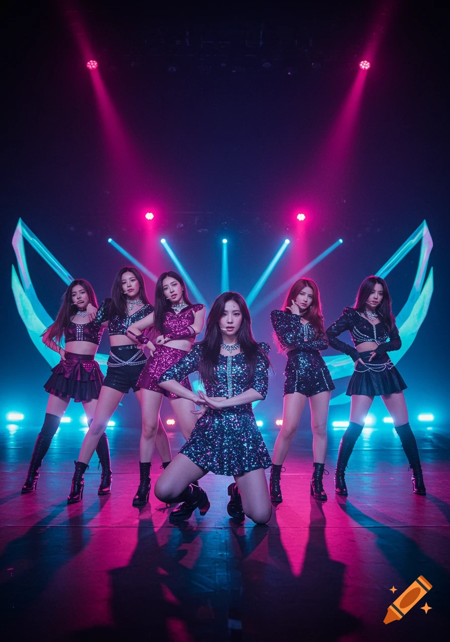 A six-member K-pop girl group on a dark stage, illuminated by pink and blue lights, wearing sparkling outfits.