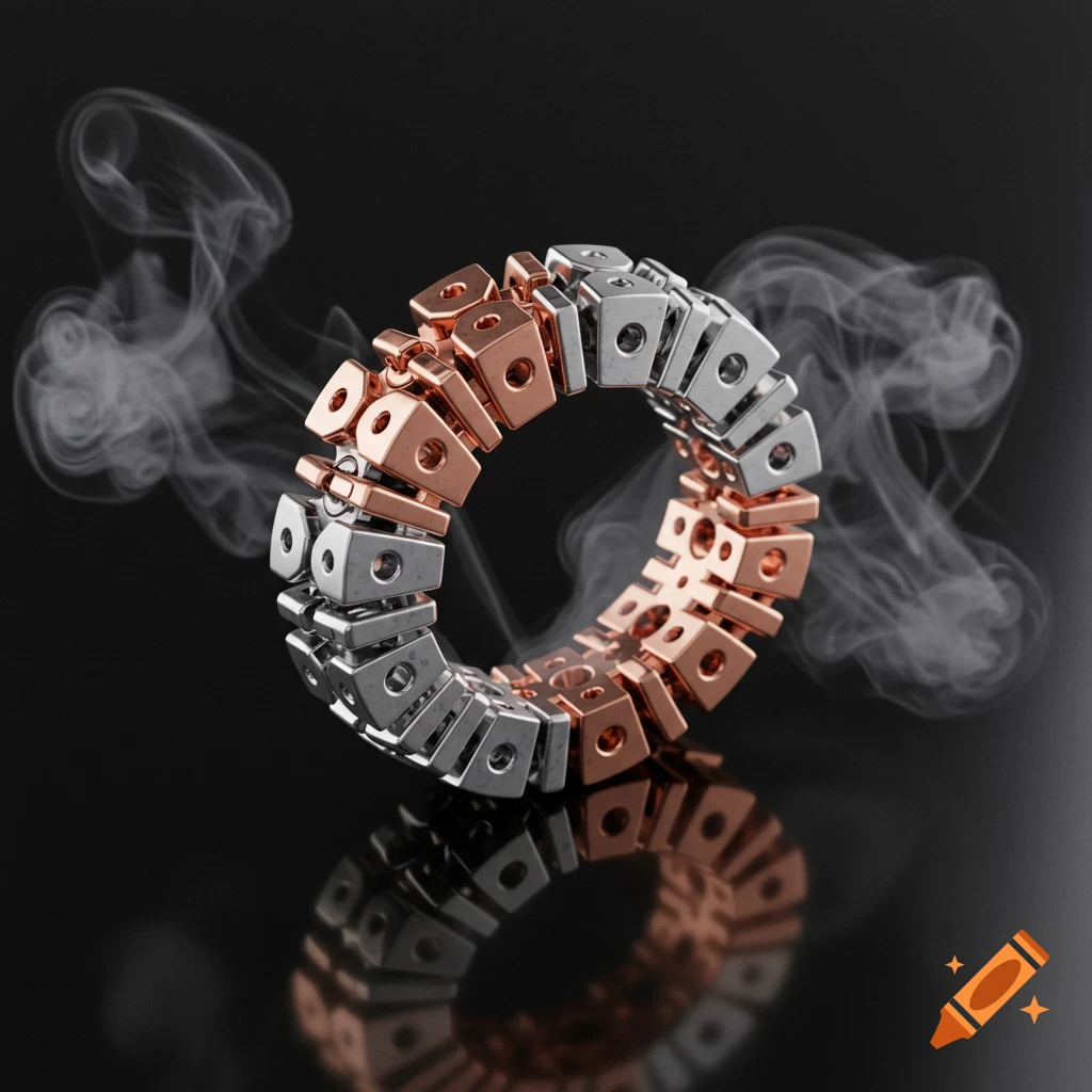 A segmented ring, half copper and half silver, on a dark reflective surface with wisps of smoke.