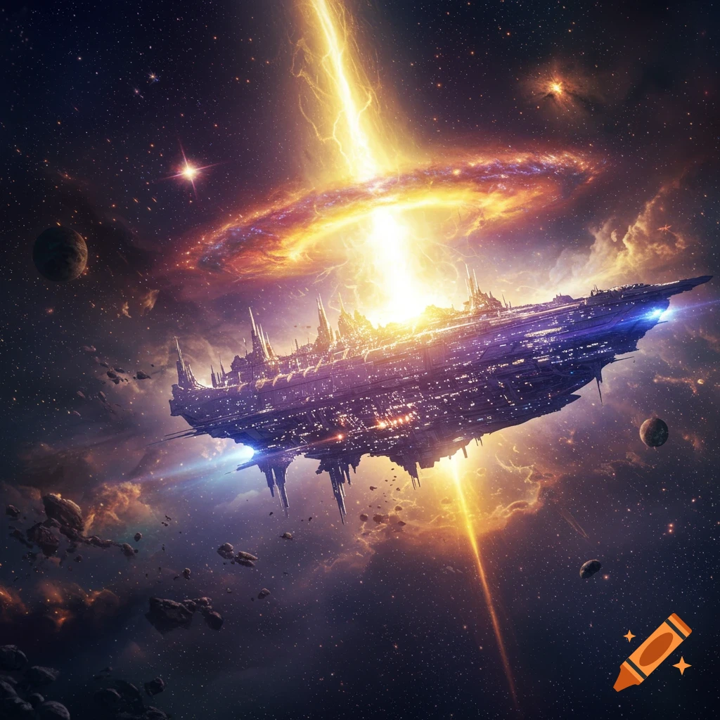 A massive, futuristic spaceship glows brightly in deep space, with energy beams and a swirling galaxy above it.