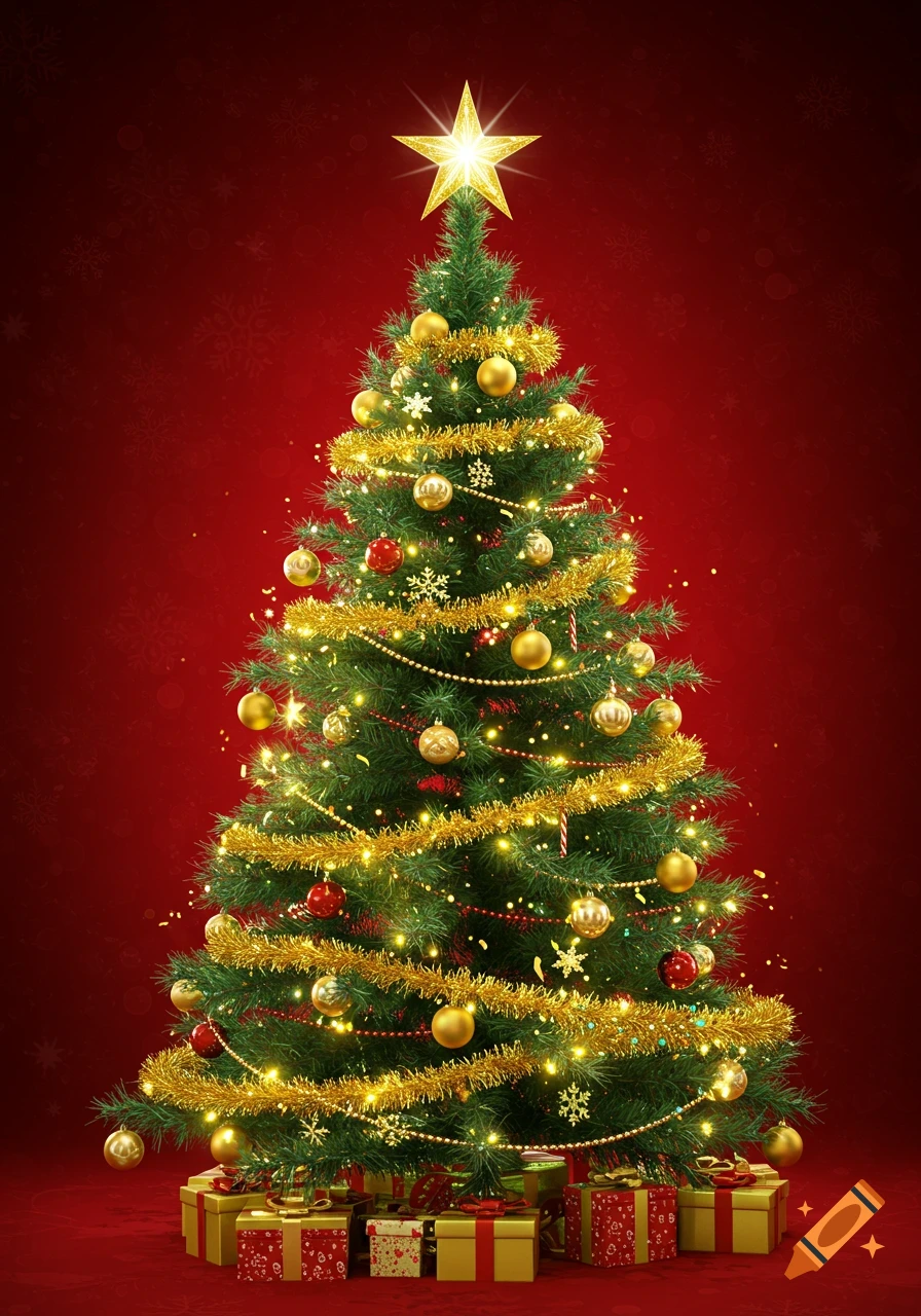 A festive Christmas tree adorned with gold and red ornaments, tinsel ...