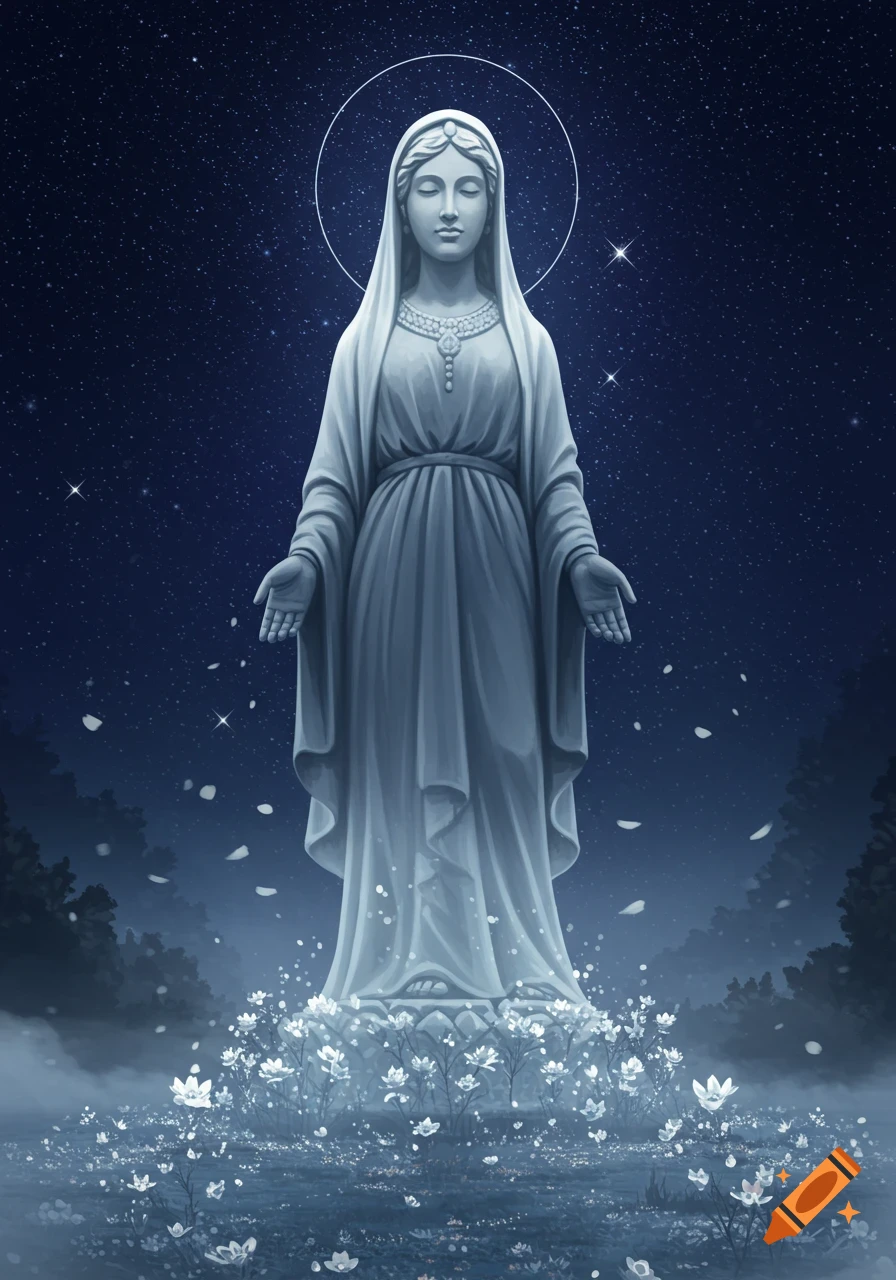 Stylized illustration of a glowing white statue of a female figure with a halo, standing among luminous flowers under a starry night sky.