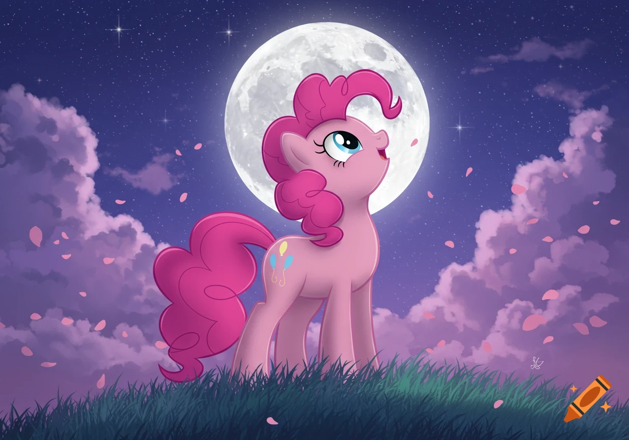 Pinkie Pie from My Little Pony on a grassy hill, looking up at a large full moon and starry sky with pink clouds and falling petals, in anime style.