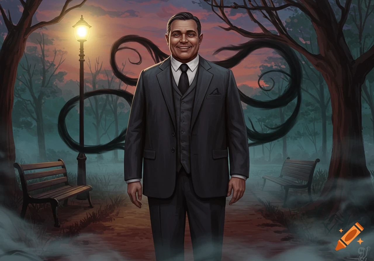 A smiling man in a dark suit stands in a foggy park at twilight, with dark, swirling, tentacle-like forms behind him.