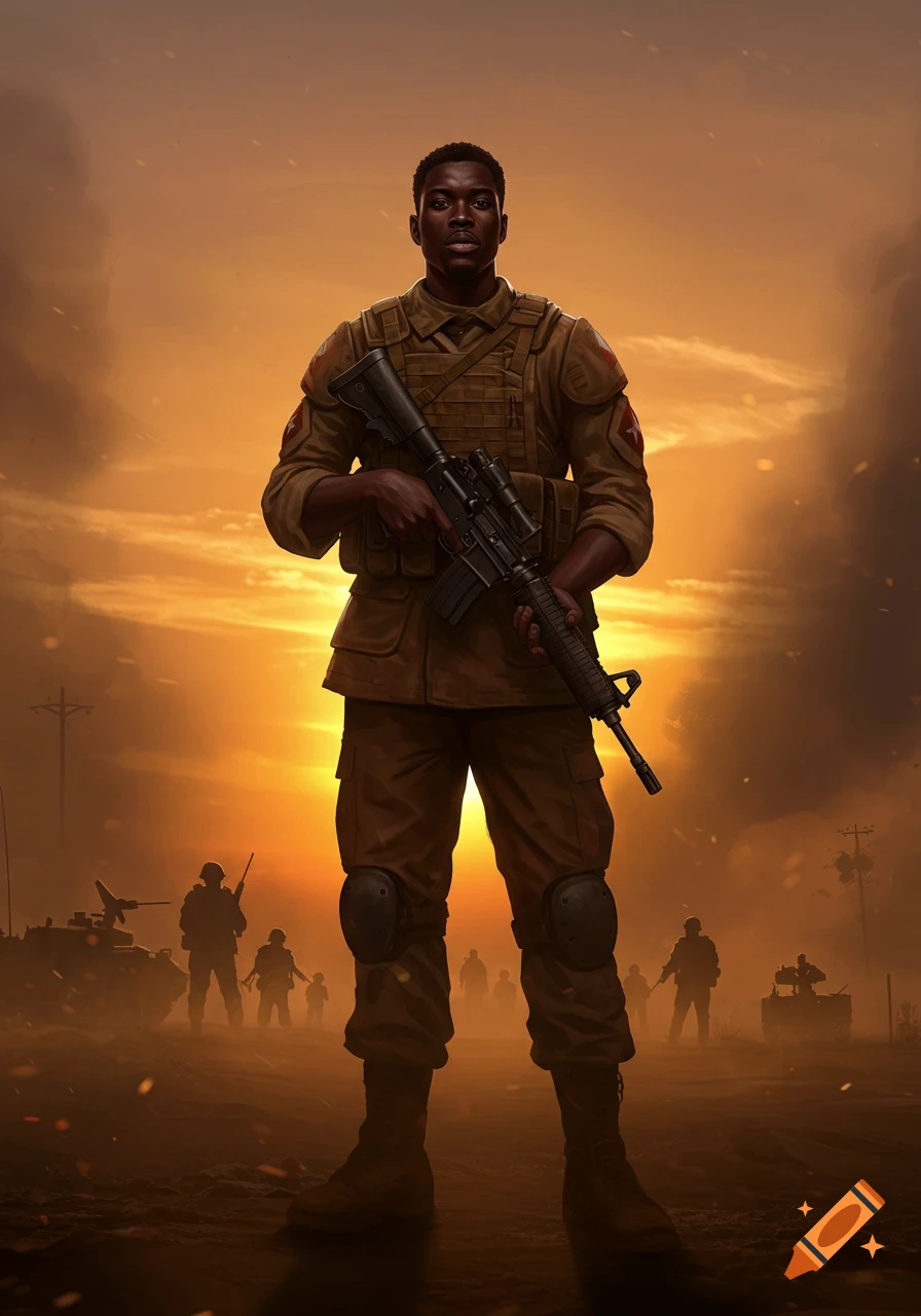 A soldier stands holding a rifle in a dusty, sunset battlefield with silhouetted troops and vehicles in the background.