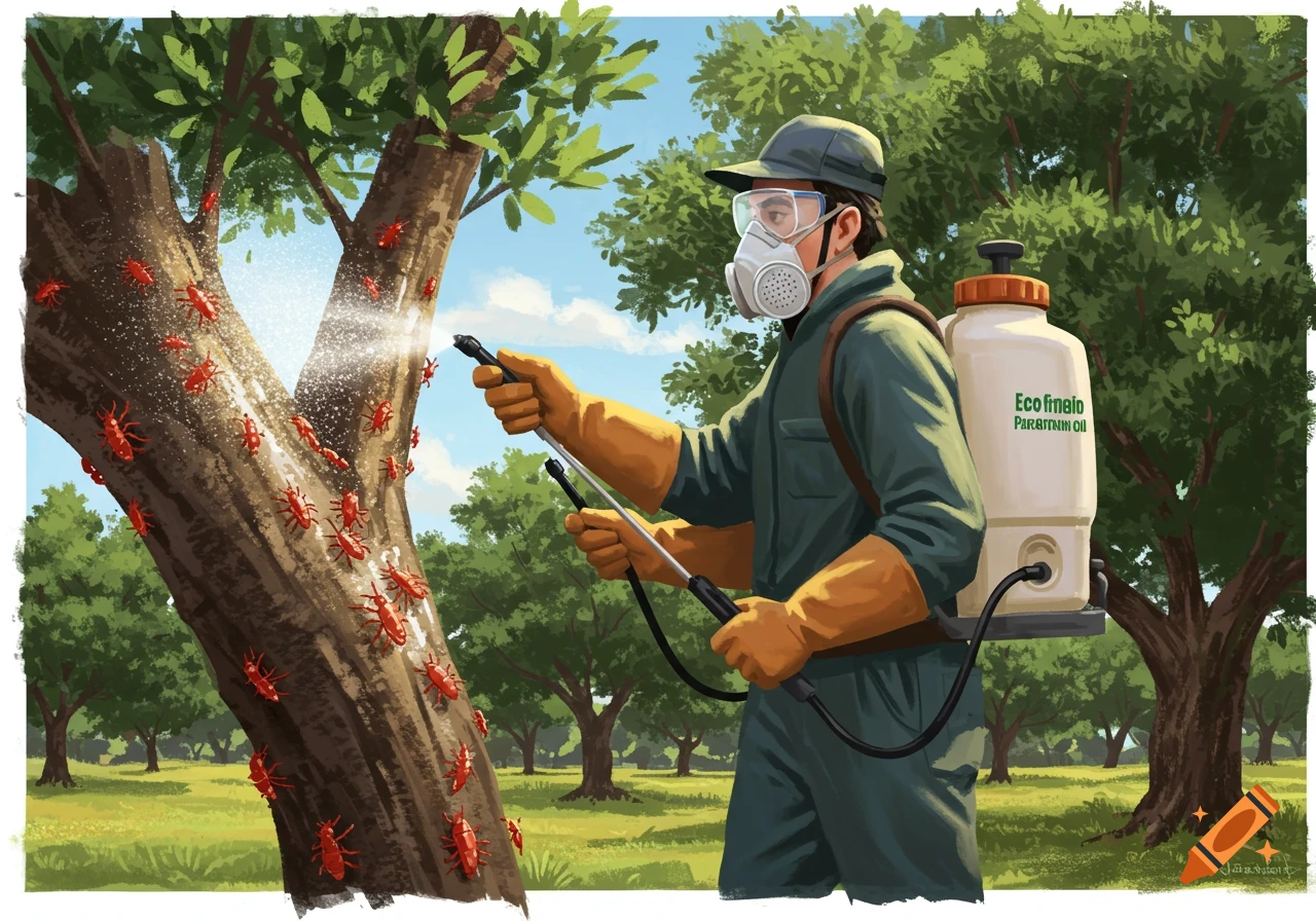 Illustration of a person in protective gear spraying red insects off a tree in an orchard.