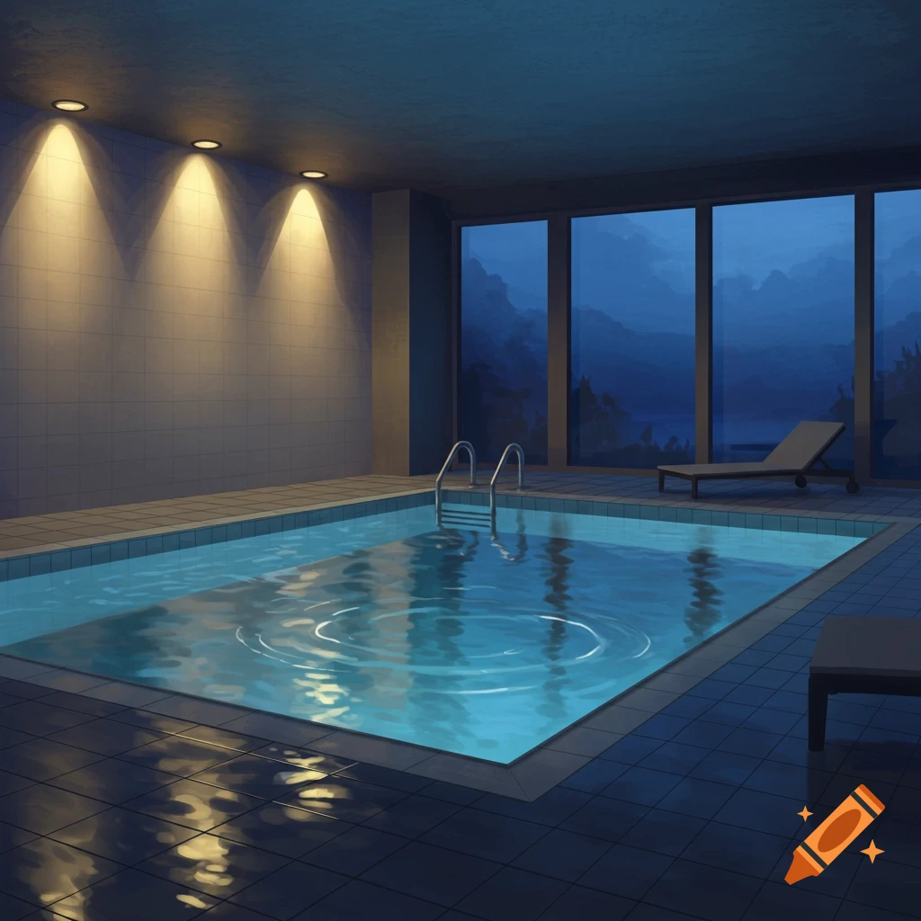Indoor swimming pool at night, with warm lights, rippling water, and large windows revealing a misty mountain landscape.
