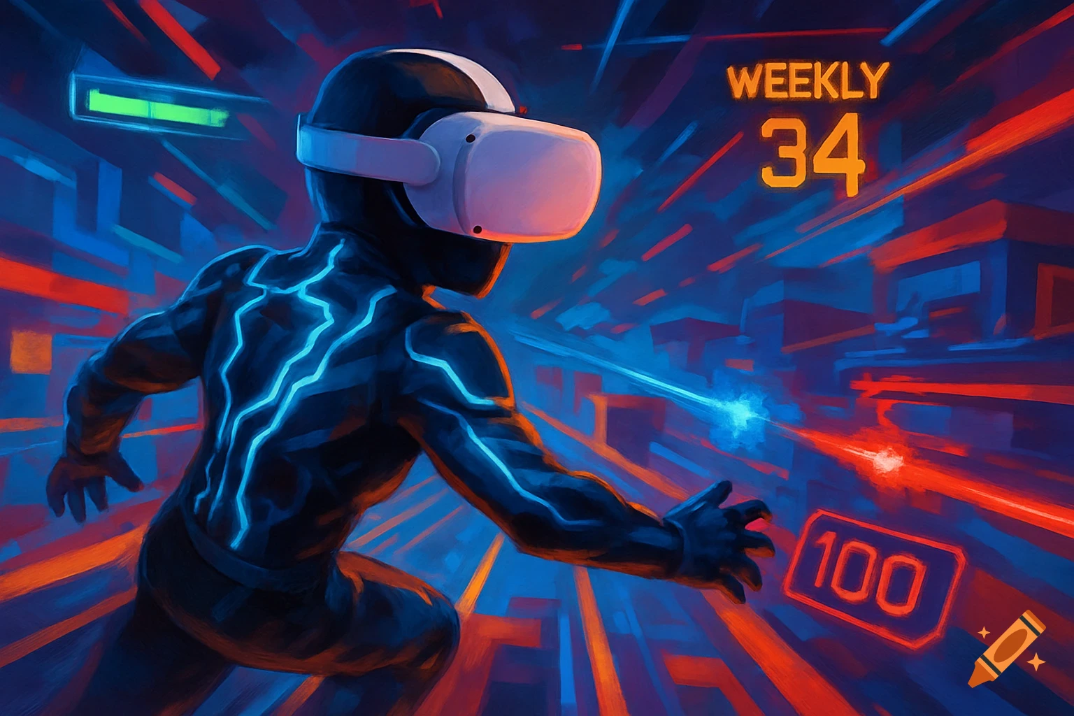 A person in a black suit with blue neon lightning wears a VR headset, running through a futuristic red and blue virtual world. Text says 'WEEKLY 34' and '100'.